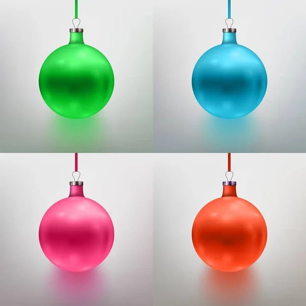Vector illustration set realistic Christmas toy, ball. Gray background. Green, blue, pink, red. EPS 10 — Stock Vector