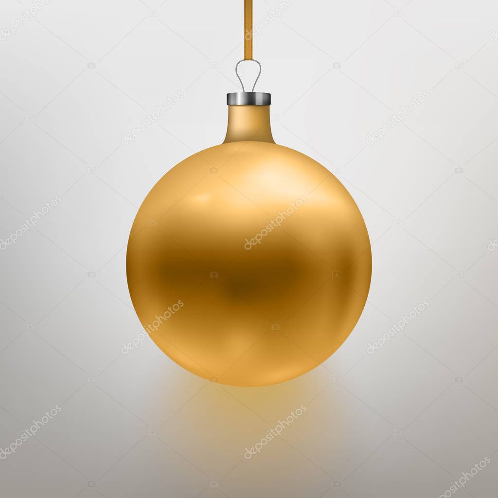 Vector illustration realistic gold Christmas toy, ball. Gray background.