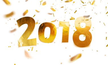 Hisse senedi vektör çizim 2018 Happy New Year parlak, ışıltılı yazı altın yaprak. Beyaz zemin üzerine altın konfeti göl kenarında. Tebrik kartı, afiş, broşür veya el ilanı şablonu.