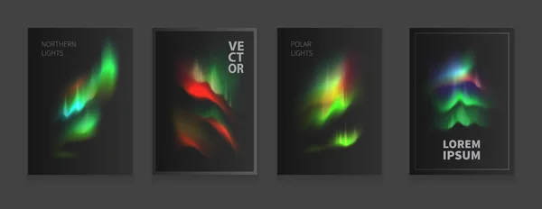 Hisse senedi vektör çizim kapak şablonları Kuzey ve kutup ışıkları ile ayarlayın. Manyetik fırtına. Aurora Borealis. Afiş, el ilanları, posterlerini açmaları ve posterler için sanat. EPS 10