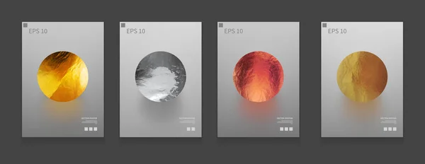 Hisse senedi vektör çizim kapak şablonları metal daireler ile ayarlayın. Altın, gümüş, bakır, bronz. Afiş, el ilanları, posterlerini açmaları ve posterler için sanat. Modern yenilikçi ve memphis arka plan renkleri. EPS 10