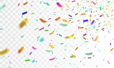 Hisse senedi vektör çizim gerçekçi renkli konfeti, pırıltılar Isolated şeffaf damalı arka plan üzerinde. Festival, parti arka plan. Tatil için tasarım dekoratif tinsel öğe. Eps10