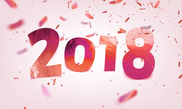 Stock vector ilustración metal textura números 2018. Confiti rojo rosa realista, lentejuelas. Feliz Año Nuevo. EPS10 — Vector de stock