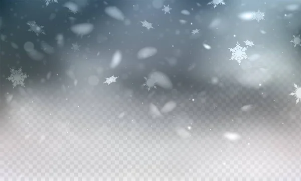 Векторная иллюстрация запасов реалистичный падающий снег. Снежинки, снегопады, зима, наложение. Прозрачный клетчатый фон. Падение снега. EPS 10 — стоковый вектор
