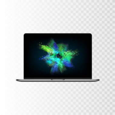 Saydam damalı arka plan hisse senedi vektör çizim gerçekçi kişisel profesyonel bilgisayar, Pc, laptop göl kenarında. Üstünde belgili tanımlık perde duvar kağıtları. Eps10