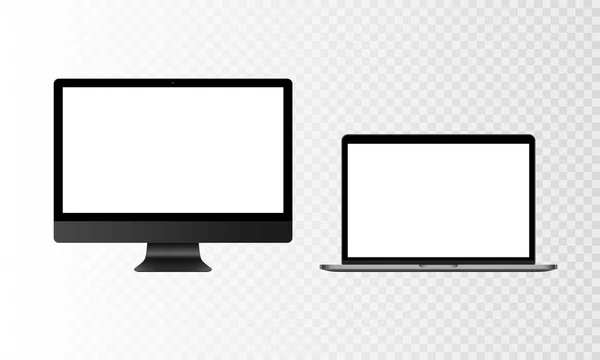 Stock ilustración vectorial realista conjunto de computadora de escritorio profesional personal, PC, portátil Aislado sobre un fondo a cuadros transparente. Una maqueta de pantalla blanca. EPS10 — Vector de stock