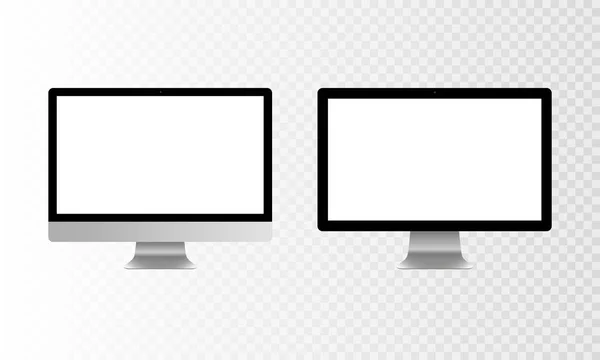 Aktienvektorillustration realistisch eingestellt Personal Desktop Computer, PC. moderner Flachbildschirm. Computerdisplay isoliert auf einem transparent karierten Hintergrund. weiße Leinwand-Attrappe. eps10 — Stockvektor