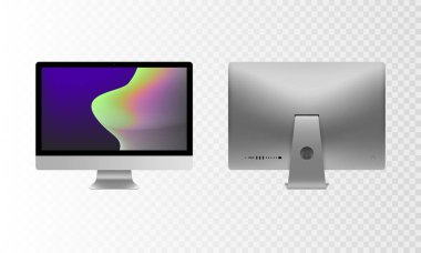 Hisse senedi vektör çizim gerçekçi kişisel masaüstü bilgisayar, Pc. Modern düz ekran monitör ayarlayın. Arka taraf bilgisayar ekran şeffaf bir arka plan üzerinde izole. Üstünde belgili tanımlık perde duvar kağıtları. Eps10