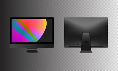 Hisse senedi vektör çizim gerçekçi kişisel profesyonel masaüstü bilgisayar ayarlayın. Modern düz ekran monitör. Arka taraf bilgisayar ekran şeffaf bir arka plan üzerinde izole. Üstünde belgili tanımlık perde duvar kağıtları.