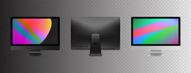 Hisse senedi vektör çizim gerçekçi kişisel profesyonel masaüstü bilgisayar ayarlayın. Modern düz ekran monitör. Arka taraf bilgisayar ekran şeffaf bir arka plan üzerinde izole. Üstünde belgili tanımlık perde duvar kağıtları.