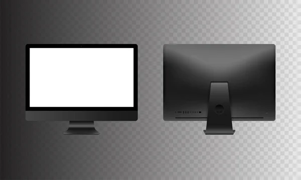 Illustrazione vettoriale stock realistico set personal computer desktop professionale, PC. Moderno monitor a schermo piatto. Display sul retro del computer isolato su sfondo trasparente. Modello di schermo bianco . — Vettoriale Stock