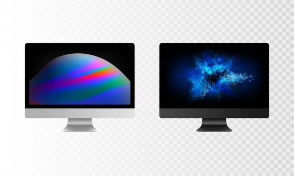 Aktienvektorillustration realistisch eingestellt persönlichen professionellen Desktop-Computer, PC. moderner Flachbildschirm. Computerdisplay isoliert auf transparentem Hintergrund. Hintergrundbilder auf dem Bildschirm. eps10 — Stockvektor