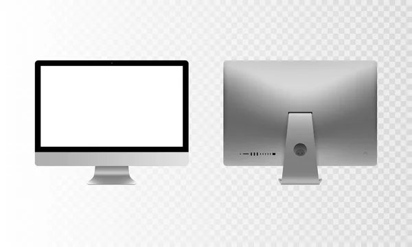 Stock Vector Illustration Set Personal Desktop Computer, PC moderner Flachbildschirm. Rückseite Computer realistische Anzeige isoliert auf einem transparent karierten Hintergrund. White Screen Attrappe. eps10 — Stockvektor