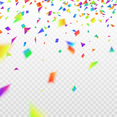 Hisse senedi vektör çizim gerçekçi renkli, çok renkli konfeti, pırıltılar Isolated şeffaf damalı zemin üzerine defocused. Festival arka plan. Tatil dekoratif tinsel unsur tasarımı için.
