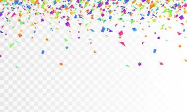 Hisse senedi vektör çizim gerçekçi renkli, çok renkli konfeti, pırıltılar Isolated şeffaf damalı zemin üzerine defocused. Festival arka plan. Tatil dekoratif tinsel unsur tasarımı için.