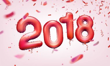 Hisse senedi vektör çizim gerçekçi 3d kırmızı sayılar balonlar 2018. Parlak, ışıltılı yazı kırmızı yaprak. Göl kenarında beyaz arka plan üzerinde balonlar. Tebrik kartı, afiş, broşür veya el ilanı şablonu. Eps10