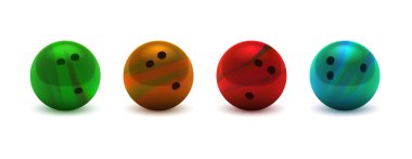 Vektör çizim gerçekçi renkli 3d mor, sarı, koyu mavi, pembe bowling topu büyük ayarlayın. Saydam damalı arka plan üzerinde izole. Tasarım öğesi. Eps10