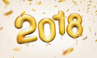 Hisse senedi vektör çizim gerçekçi 3d golden numaraları balonlar 2018. Parlak, ışıltılı yazı altın yaprak. Göl kenarında beyaz arka plan üzerinde balonlar. Tebrik kartı, afiş, broşür veya el ilanı şablonu. Eps10