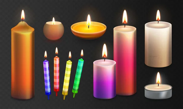 Stock vector ilustración realista 3D set velas multicolores Aislado sobre un fondo a cuadros transparente. Llama de vela. Vela de cera de parafina perfumada decorativa luz y candelero. EPS10 — Archivo Imágenes Vectoriales