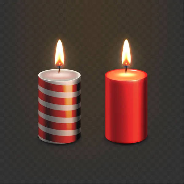 Stock vector ilustración realista conjunto velas de Navidad Aislado sobre un fondo a cuadros transparente. Vela rayada y roja. EPS10 — Archivo Imágenes Vectoriales