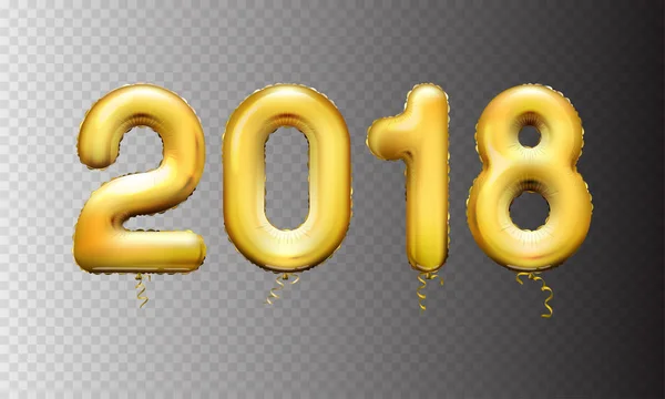 Stock ilustración vectorial realista 3D oro números metálicos globos 2018 Aislado sobre un fondo a cuadros transparente. Feliz Año Nuevo. Tarjeta de felicitación, póster, folleto o plantilla de folleto. EPS10 — Vector de stock