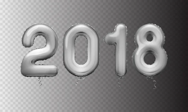 Stock ilustración vectorial realista 3D plata números metálicos globos 2018 Aislado sobre un fondo a cuadros transparente. Feliz Año Nuevo. Tarjeta de felicitación, póster, folleto o plantilla de folleto. EPS10 — Vector de stock