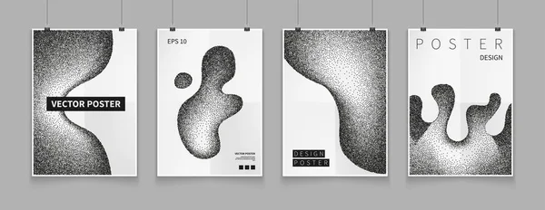 Hisse senedi vektör çizim siyah ve beyaz soyut puantel küme kapsıyor. Sıvı şekiller kompozisyon. Fütüristik tasarım poster. Posterlerini açmaları, afiş, el ilanları, sunumlar ve raporlar için şablon. Eps10