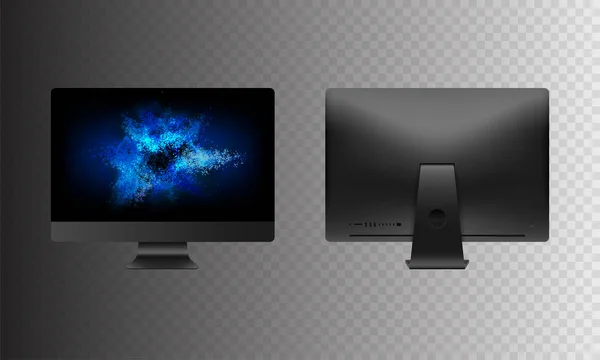 Aktienvektorillustration realistisch eingestellt persönlichen professionellen Desktop-Computer, PC. moderner Flachbildschirm. Computerdisplay auf der Rückseite isoliert auf transparentem Hintergrund. Screen-Attrappe. — Stockvektor