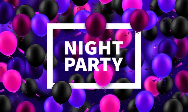 Vektör çizim gece parti stok. Gerçekçi şişme uçan set balonlar renkli buzlu pembe, mor, siyah. Konfeti. Posterlerini açmaları, afiş, el ilanları, sunumlar ve raporlar için şablonlar.