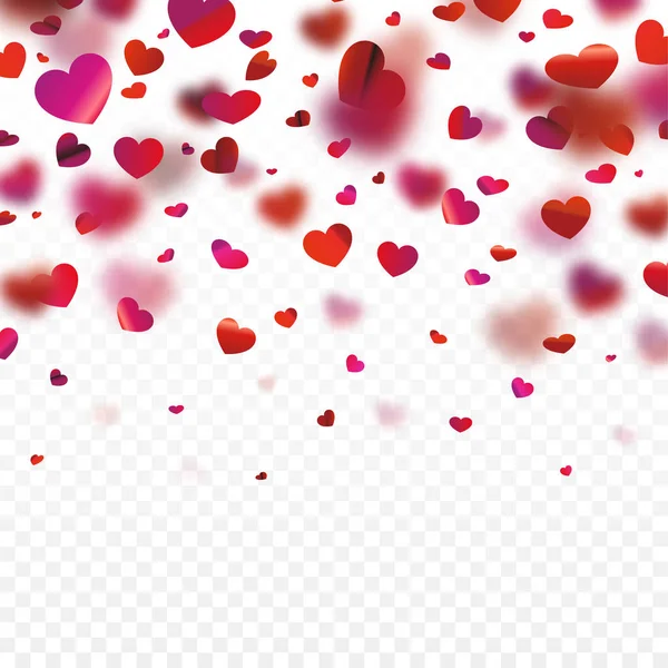 Векторная иллюстрация реалистичного падения сияющих красных сердец на прозрачном фоне. Фон на День Святого Валентина. Символ любви к этикетке подарочные пакеты Дизайн элемент для поздравительной открытки — стоковый вектор