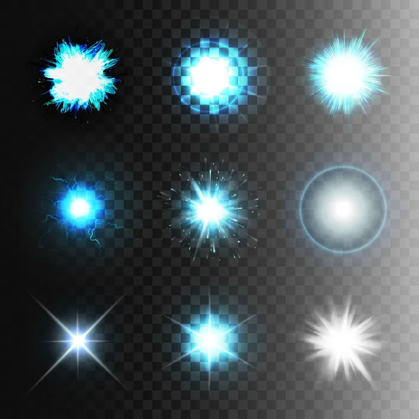 Stock vektor illustration sæt bold lyn en gennemsigtig baggrund. Abstrakt plasmasfære. Elektrisk udladning, stjerner, flash, solen, glød, lyseffekter. EPS 10 – Stock-vektor