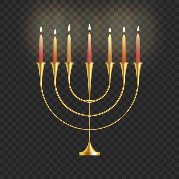 Vektorové ilustrace Menora Chanuka svíčky izolovaných na průhledném pozadí. Židovský svícen. Svátek světel, svátek of odhodlání. Zlatá Chanukia. EPS 10 — Stockový vektor