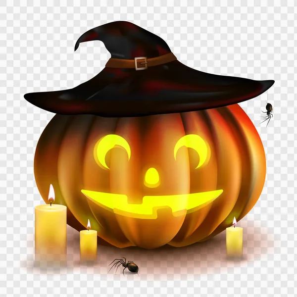 Aktienvektorillustration Halloween-Kürbis isoliert auf transparentem Hintergrund. Jack o Laterne. Hexenhut, Kerzen, Spinnen. eps10 — Stockvektor