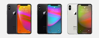 New York, ABD - 22 Ağustos 2018: Hisse senedi vektör çizim gerçekçi kümesi yeni Apple iphone X 10. Beyaz arka plan üzerinde izole çerçevesiz tam ekran mockup mock-up akıllı telefon. IOS 12