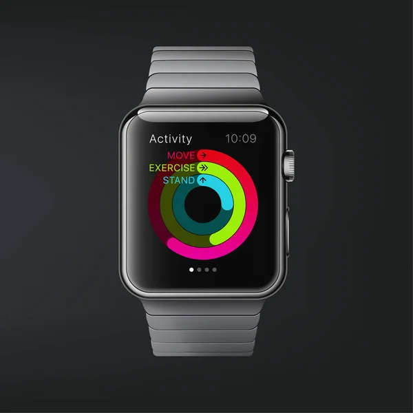 Nova York, EUA - 22 de agosto de 2018: Estoque de ilustração vetorial realista novo Apple Watch. Relógio inteligente isolado no fundo escuro. Mockup mock-up WWDC 2018 aço 42 milímetros smartwatch EPS10 — Vetor de Stock