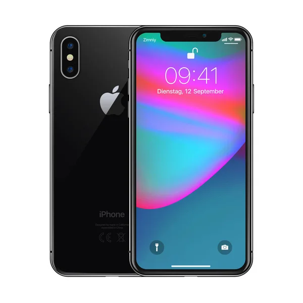 New York, ABD - 22 Ağustos 2018: Hisse senedi vektör çizim gerçekçi yeni Apple iphone X 10. Beyaz arka plan üzerinde izole çerçevesiz tam ekran mockup mock-up akıllı telefon. IOS 12