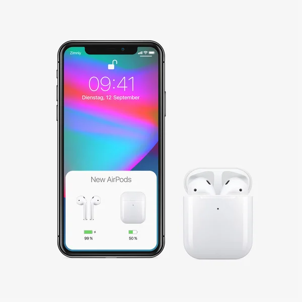 New York, ABD - 22 Ağustos 2018: Hisse senedi vektör çizim gerçekçi yeni Airpods kablosuz kulaklık kutusu ve yeni Apple iphone X 10. Bluetooth kulaklık Apple tarafından geliştirilmiştir. EPS 10 Wwdc 2018