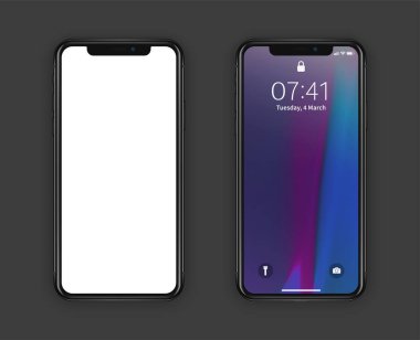 New York, ABD - 22 Ağustos 2018: gerçekçi yeni set telefon. Çerçevesiz tam gri arka plan üzerinde izole boş ekran mockup mock-up smartphone ile. Önden görünüm, eğim ve gölge. Eps10