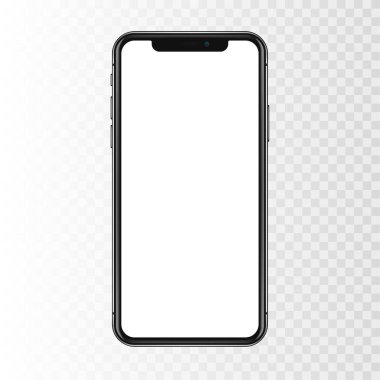 New York, ABD - 22 Ağustos 2018: gerçekçi yeni siyah telefon. Çerçevesiz tam ekran mockup mock-up smartphone şeffaf damalı arka plan üzerinde izole. Önden görünüm. Eps10