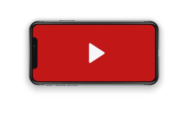 New York, ABD - 22 Ağustos 2018: gerçekçi yeni siyah kırmızı telefon. Video izlerken. Beyaz arka plan üzerinde izole çerçevesiz tam ekran mockup mock-up akıllı telefon. Önden görünüm, yatay yönlendirme. Eps10
