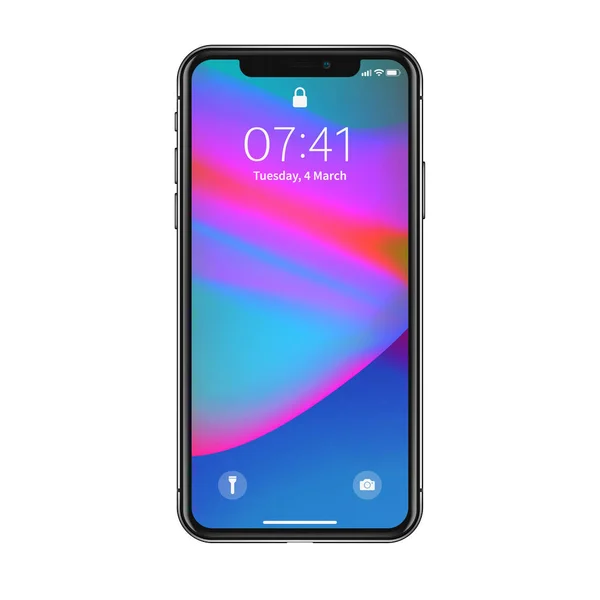 뉴욕, 미국-2018 년 8 월 22 일: 현실적인 새로운 검은 전화. Frameless 전체 화면 이랑 실물 스마트폰 흰색 배경에 고립. 전면 보기 Eps10 — 스톡 벡터
