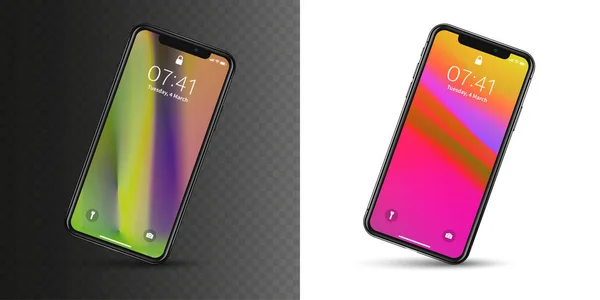 New York, ABD - 22 Ağustos 2018: gerçekçi yeni siyah telefon. Çerçevesiz tam ekran mockup mock-up smartphone üzerinde karanlık şeffaf damalı arka plan izole. Önden görünüm, gölge. Eps10