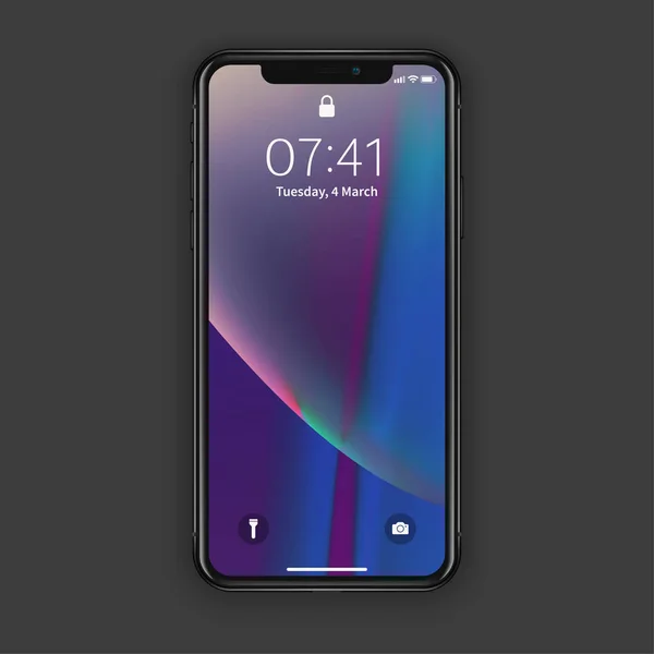 뉴욕, 미국-2018 년 8 월 22 일: 현실적인 새로운 검은 전화. Frameless 전체 화면 이랑 실물 스마트폰 어두운 회색 배경에 고립. 전면 보기, 그림자입니다. Eps10 — 스톡 벡터