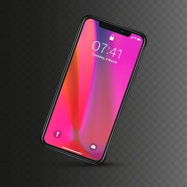 Nova York, EUA - 22 de agosto de 2018: novo telefone preto realista. Mockup de tela cheia sem moldura smartphone mock-up isolado no fundo escuro transparente quadriculado. Vista frontal, inclinação e sombra. EPS10 Vetores De Stock Royalty-Free