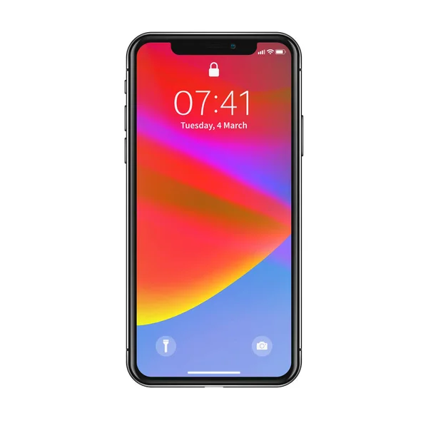 Nova York, EUA - 22 de agosto de 2018: novo telefone preto realista. Mockup de tela cheia sem moldura smartphone mock-up isolado no fundo branco. Vista frontal. EPS10 Ilustração De Stock