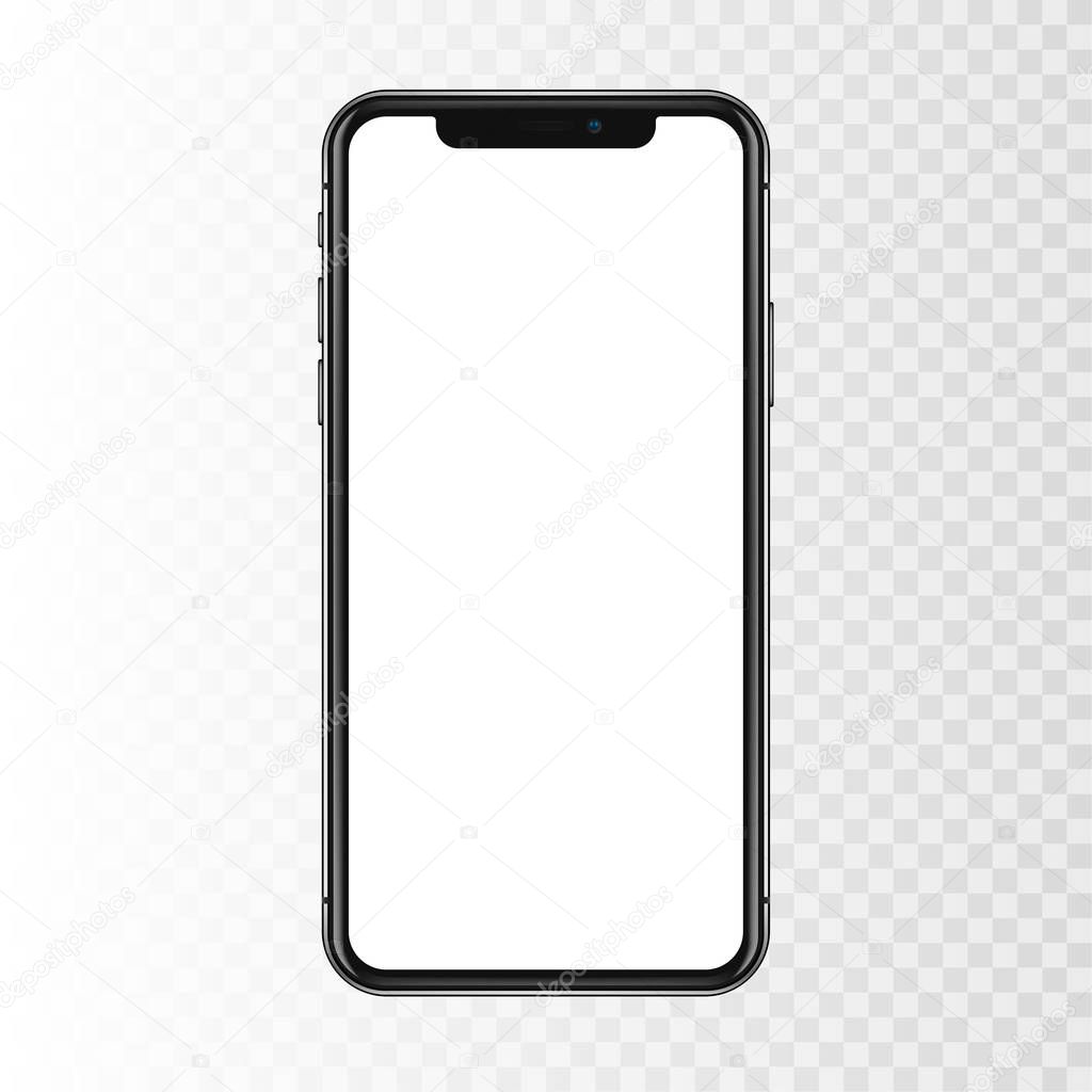 New York, USA - August 22, 2018: realistic new black phone. Frameless full screen mockup mock-up smartphone isolated on transparent checkered background. Front view. EPS10
