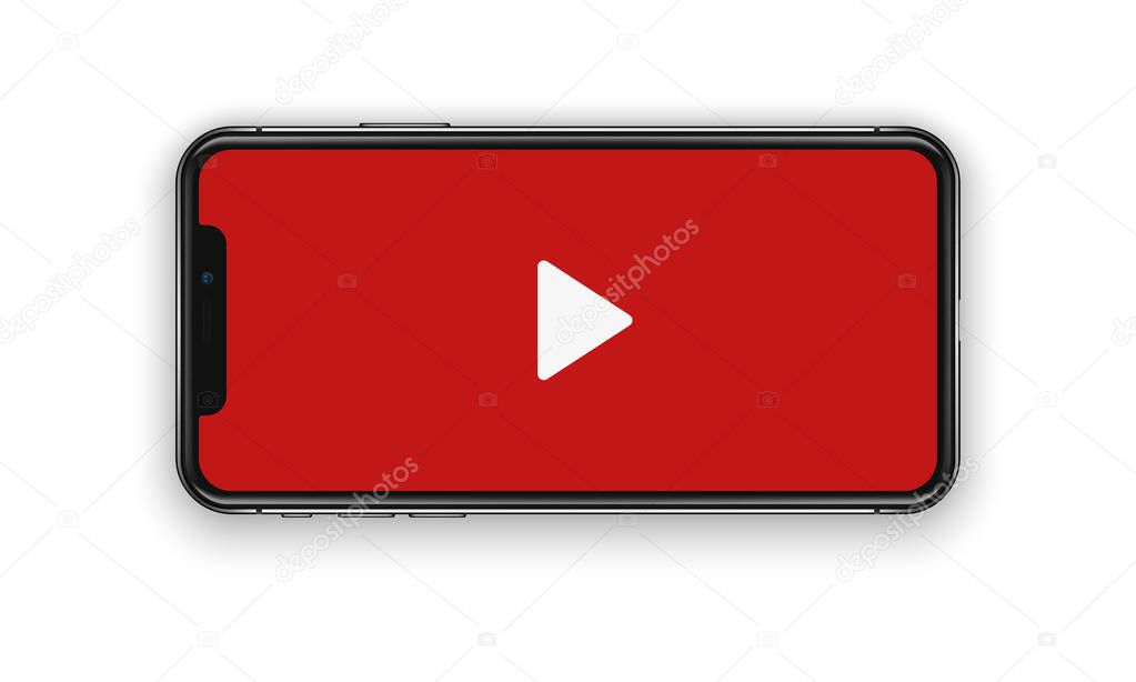 New York, USA - August 22, 2018: realistic new black red phone. Watching video. Frameless full screen mockup mock-up smartphone isolated on white background. Front view, horizontal orientation. EPS10