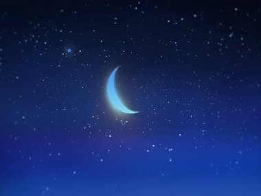 Yıldızlı pembe günbatımında ay. Gece mavi bulutlu gökyüzü.