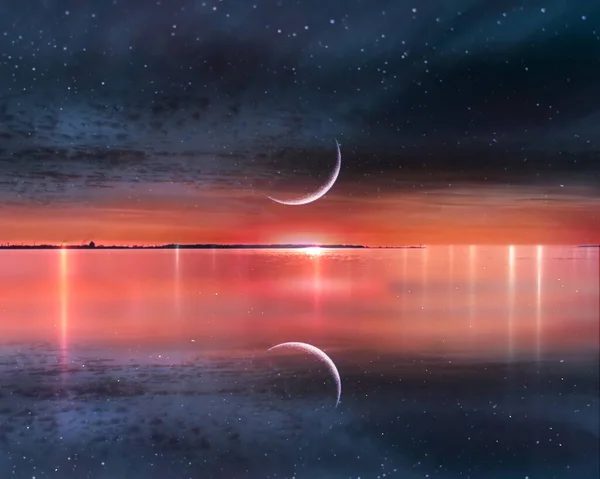 Flieder Sonnenuntergang Der Nacht Sternenhimmel Und Mond Reflexion Auf Wasser — Stockfoto