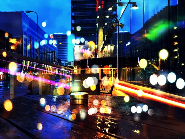 Cidade Noturna Luz Turva Edifício Rua Asfalto Molhado Após Chuva — Fotografia de Stock